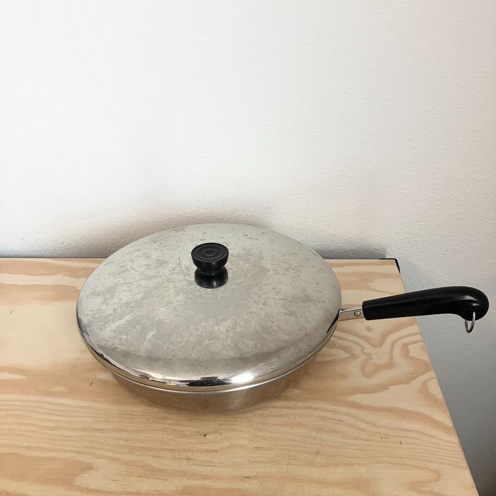 Vintage Revere Ware 12" Skillet Fry Pan Tri-Ply  Bottom Stainless Steel W/ Lid